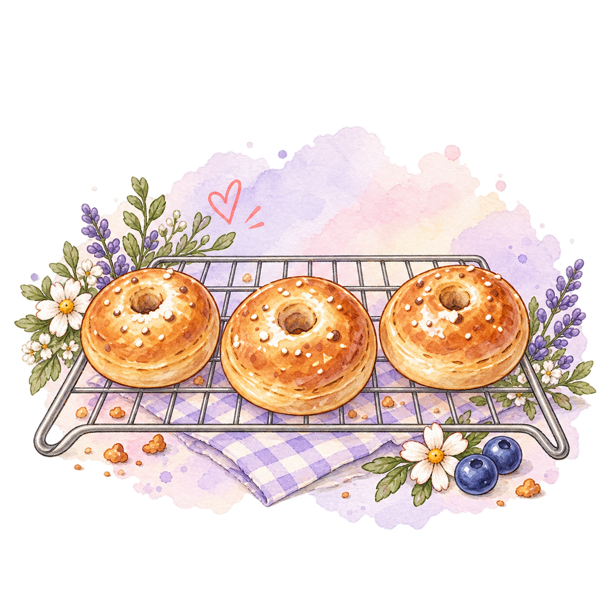 Watercolor illustration of glazed bagels cooling on a wire rack with lavender and daisies