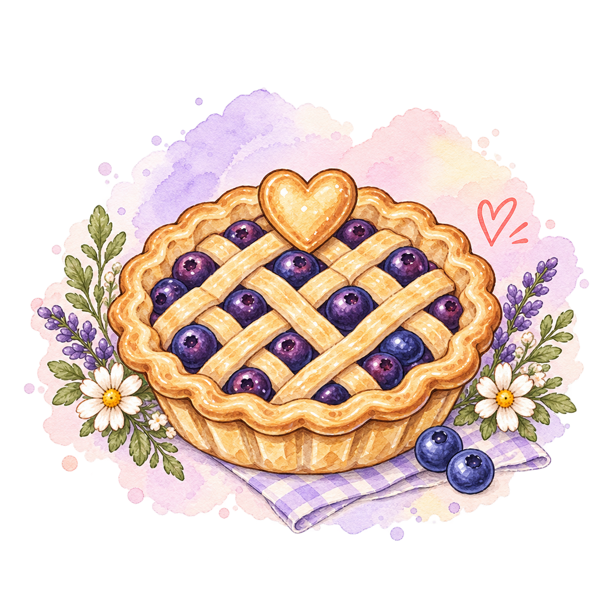 Watercolor illustration of a blueberry lattice pie with a pastry heart