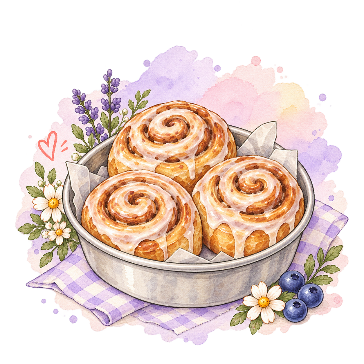 Watercolor illustration of glazed cinnamon rolls in a pan on a lavender gingham cloth
